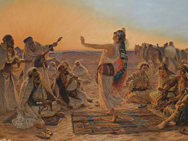 لوحة فنية مطلية، للتراث العربي في مشهد رقص. - Taamoul